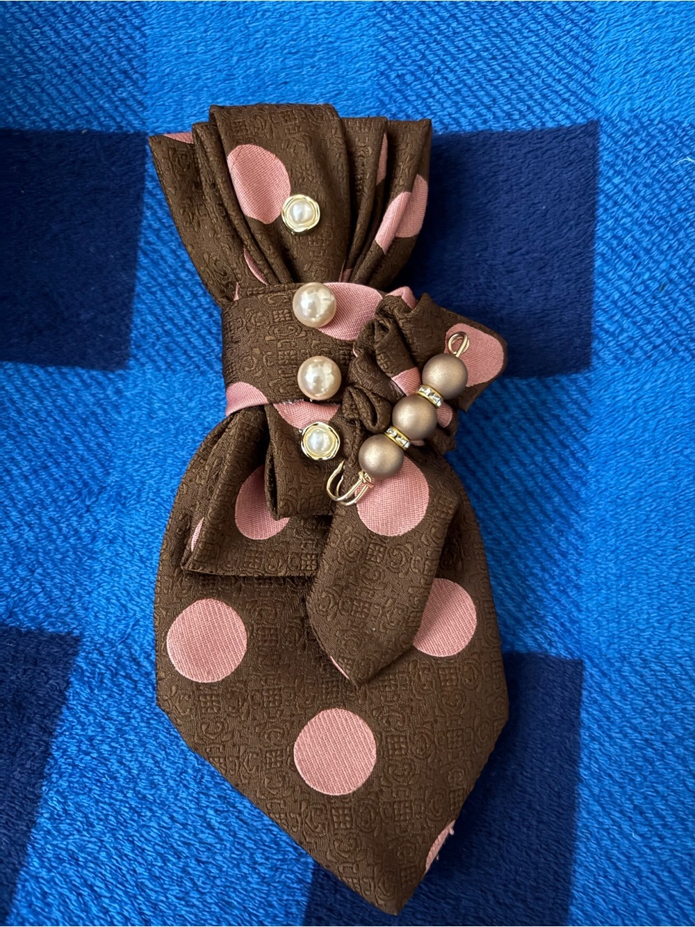 Brown and Pink Polka Tie with Pearl Accents